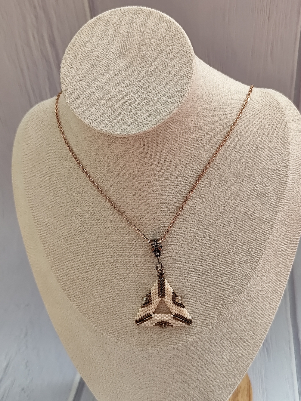Handcrafted Beaded Triangle Pendant Necklace - Cream and Brown